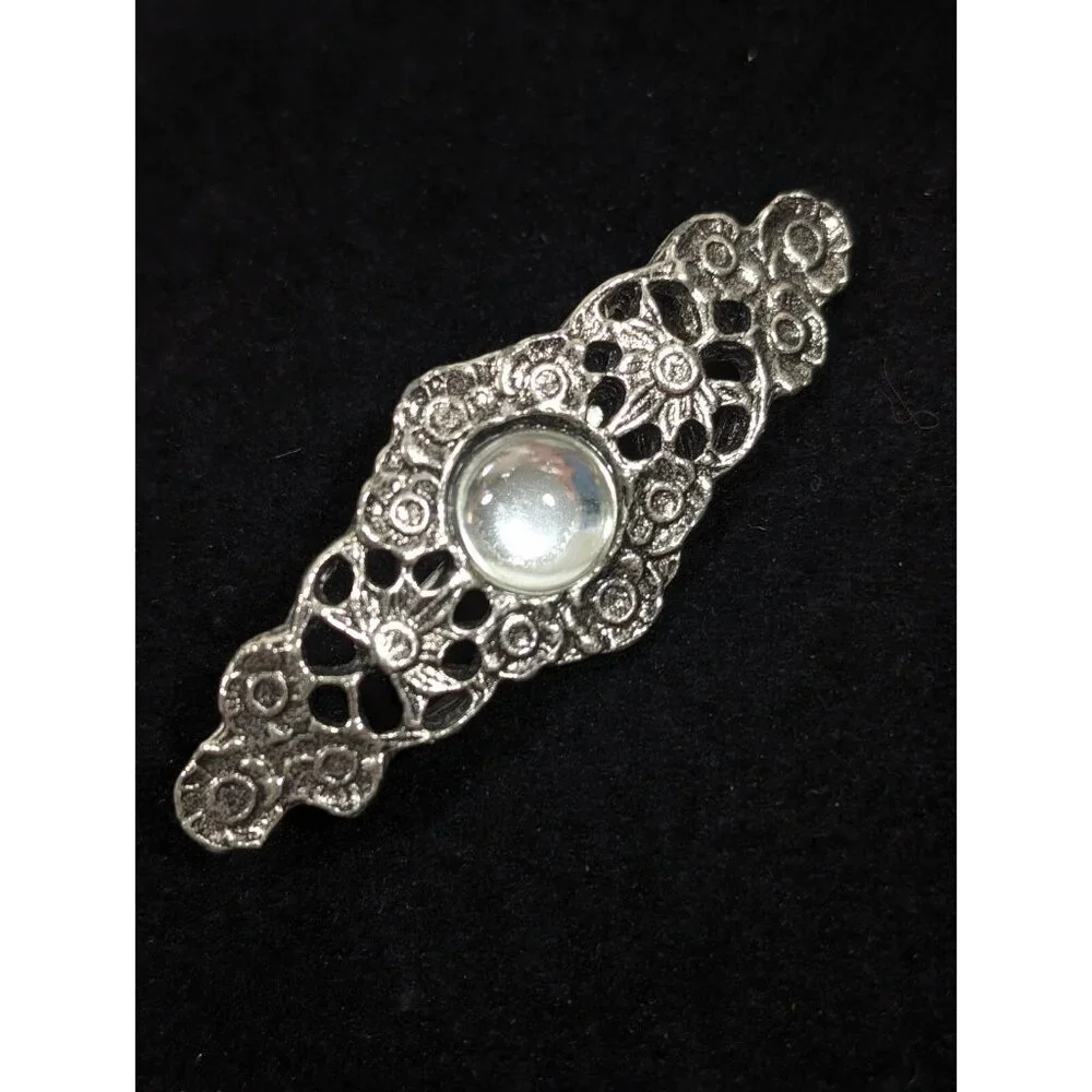 Vintage Victorian Style Floral Bar Brooch Clear Glass Cabochon Pin‎ Silver Tone